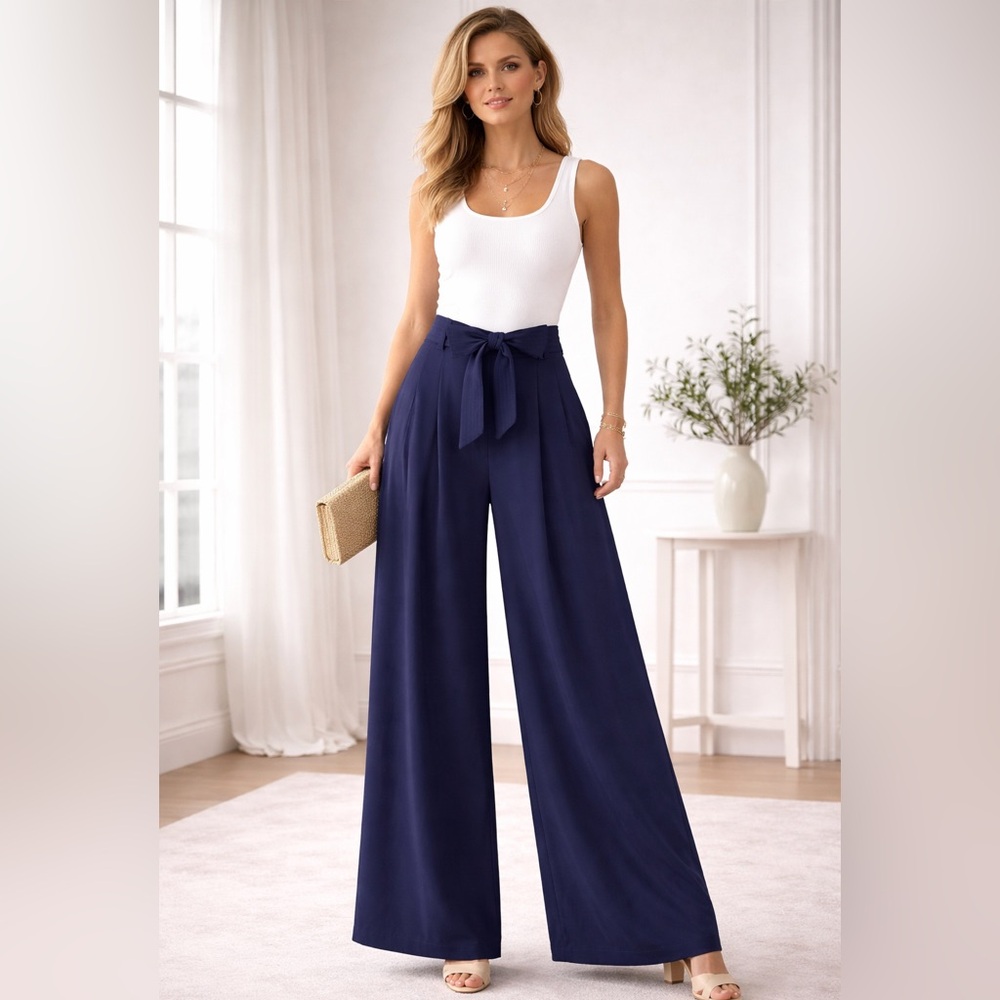 🔥 NWT Lauren Ralph Lauren Elegant  Silk-Feel Pleated Wide-Leg Trousers – Navy